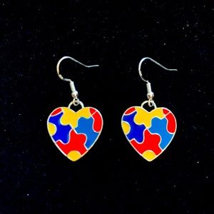 Autism Awareness Heart puzzle silver dangle earrings